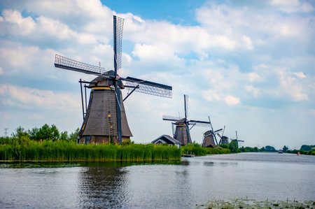 Traditional Dutch windmills at Kinderdijk in South Netherlandsの写真素材