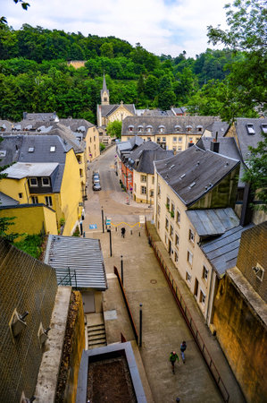 Luxembourg city, Luxembourg - July 15, 2019: Narrow street in the old town of Luxembourg city in Europeのeditorial素材