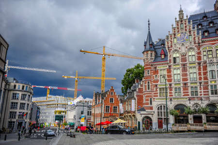 Brussels, Belgium - July 13, 2019: Typical old buildings and construction cranes in downtown Brussels, Belgiumのeditorial素材