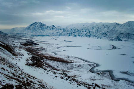 Azat water reservoir and Yeranos mountain range in Ararat province of Armeniaの写真素材