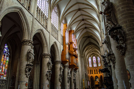 Brussels, Belgium - July 13, 2019: Gothic interior of the Cathedral of Saint Michael and Saint Gudula in Brussels, Belgiumのeditorial素材