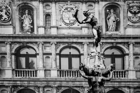 Antwerp, Belgium - July 12, 2019: Black and white photo of Brabo fountain in Antwerp, Belgiumのeditorial素材