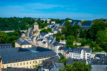 Luxembourg city, Luxembourg - July 16, 2019: Typical traditional buildings with grey houses in Luxembourg city Old Townのeditorial素材