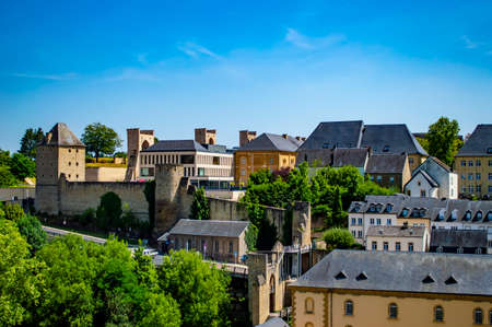 Luxembourg city, Luxembourg - July 16, 2019: Old Town of Luxembourg city with typical buildings and castle wallsのeditorial素材