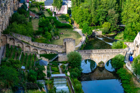 Luxembourg city, Luxembourg - July 16, 2019: Old fortification walls in Old Town of Luxembourg city in Europeのeditorial素材