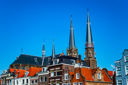 Delft, Netherlands - July 11, 2019: Colorful roofs of the brick houses in the town of Delft, the Netherlandsのeditorial素材