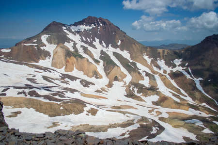 Crate and northern peak of mount Aragats in Armeniaの写真素材