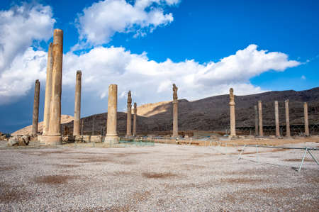 Tall pilars at the ruins of the ancient Persian ceremonial capital Persepolis, located near Shiraz in Iranの写真素材