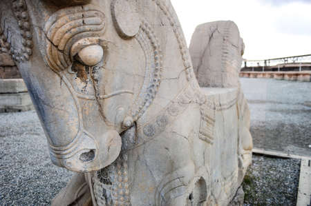 Closeup photo of a horse head capital at the ruins of Persepolisの写真素材