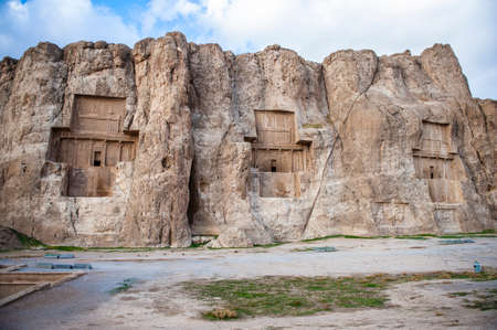 Tombs of Persian Kings of Kings Darius II, Artaxerxes I and Darius I (left to right) in the Naqsh-e Rostam necropolis near Persepolis in Iranのeditorial素材
