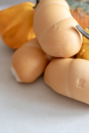 Bread and whole grain bread and autumn pumpkins on textured light backgroundの写真素材