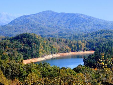 Areial view of a mountain lake nestled in the magestic Smokey Mountains.の写真素材