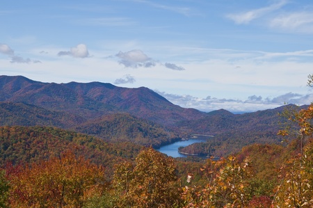 Aerial view of Nantahala lake in a burst of Fall color.の写真素材
