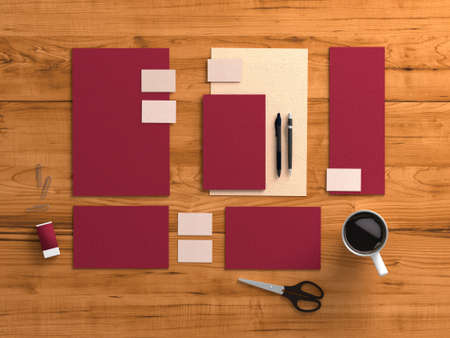 set of magenta an white stationery on wooden backgroundの写真素材