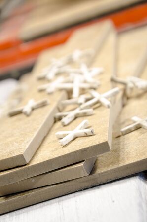 ceramic tile cutting process using a manual cutterの写真素材