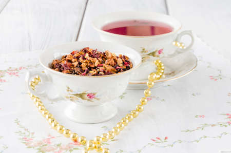 fruit tea with dried fruit in a stylish old cupsの写真素材