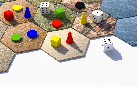 hexagonal board game with pawns and dices 3d illustration on white backgroundの写真素材