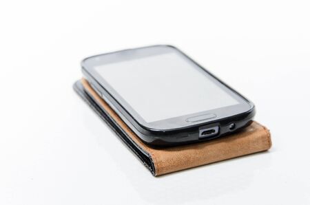 Smartphone on white background with copy spaceの写真素材