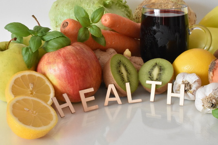 Fruits and Vegetables with Inscription Healthyの写真素材