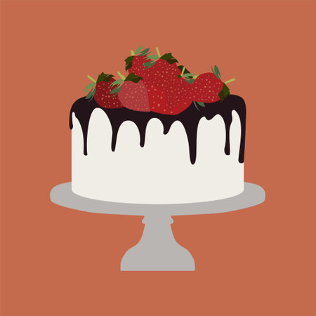 Sweet Drip Chocolate Cake Dessert with Strawberries Minimal Flat Line Outline Colorful and Stroke...