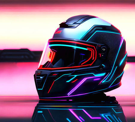 3D rendering of a motorcycle helmet with neon lights on a dark background âAI Generatedâの素材