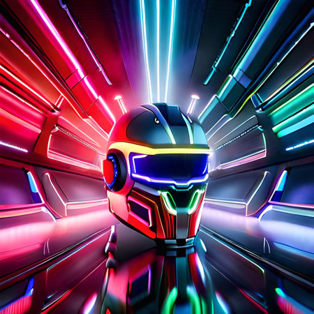 3D rendering of a cyber man with a helmet in neon light (Ai Generated)の素材