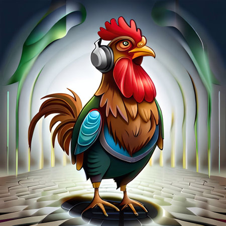 Rooster listening to music with headphones Vector illustration of a rooster (Ai Generated)の素材