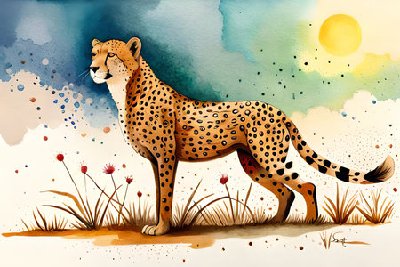 Cheetah in the meadow Watercolor painting Vector illustration (Ai Generated)の素材