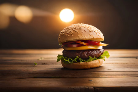 Hamburger on wooden table with bokeh light background (Ai Generated)の素材