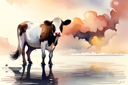 Cow on the lake at sunset Watercolor painting Vector illustration (Ai Generated)の素材