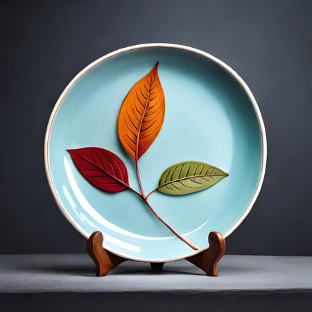 Plate with a red leaf on a black background 3d rendering (Ai Generated)の素材