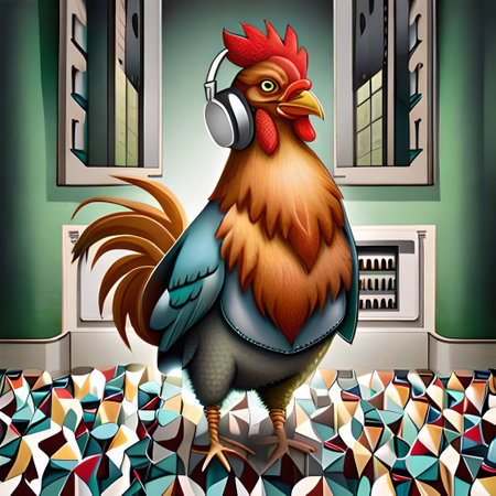 Vector illustration of a rooster listening to music with headphones in the room (Ai Generated)の素材