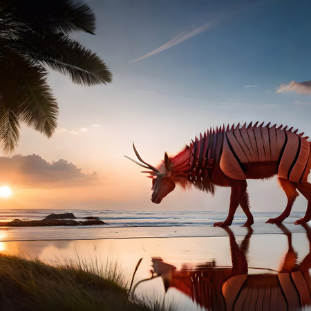 3D render of a dragon on the beach at sunset in Seychelles (Ai Generated)の素材