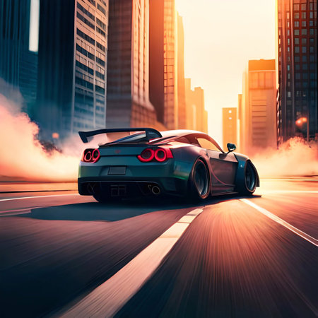 sports car on the road in the city at sunset 3d rendering (Ai Generated)の素材