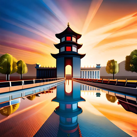 illustration of Chinese architecture in the park at sunset, vector illustration (Ai Generated)の素材