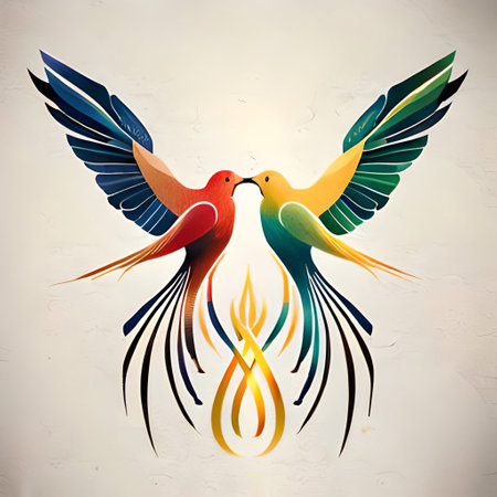 Two birds with colorful wings on vintage background, vector illustration, eps10 (Ai Generated)の素材
