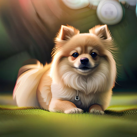 Pomeranian dog lying on the bed and looking at the camera (Ai Generated)の素材