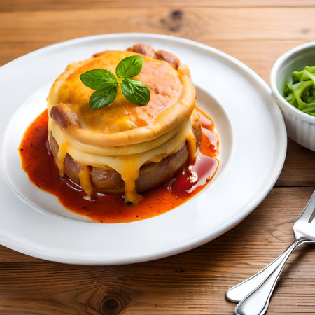 Pancakes with pork, cheese and sauce on a wooden table (Ai Generated)の素材