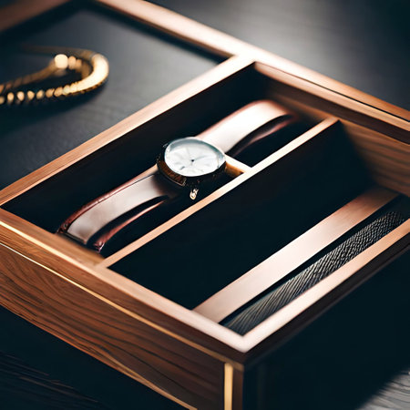 Luxury wristwatch in wooden box on black table, closeup (Ai Generated)の素材