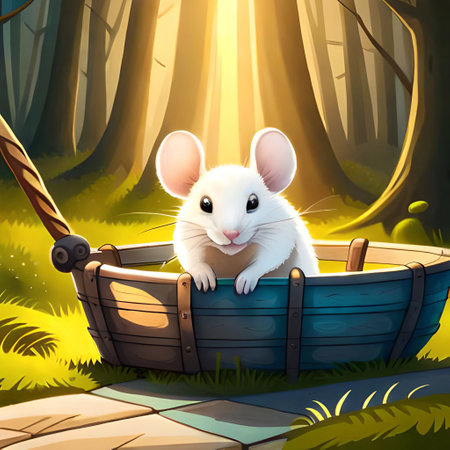 White mouse in a wooden boat in the forest - illustration for children (Ai Generated)の素材