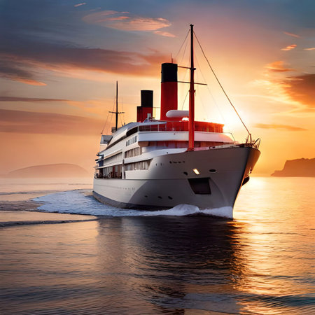 Cruise Ship in the Sea at Sunset 3d Rendering (Ai Generated)の素材