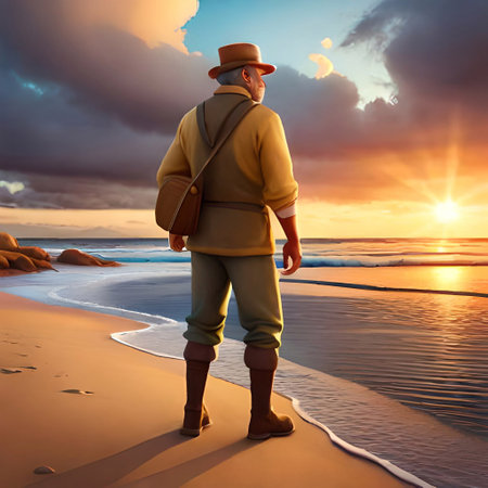 Fisherman on the beach at sunset 3d render (Ai Generated)の素材