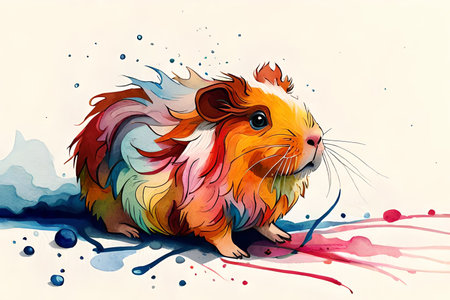 Illustration of a cute guinea pig with watercolor splashes (Ai Generated)の素材