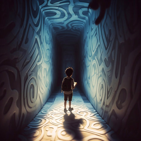 Little boy in a dark tunnel Halloween concept 3D Rendering (Ai Generated)の素材