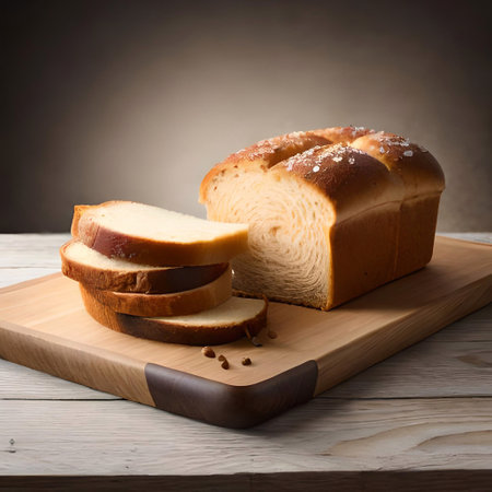 slices of bread on cutting board on wooden table and brown backgroundの素材