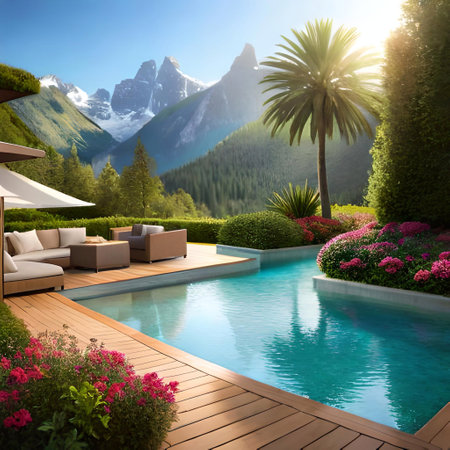 Swimming pool with beautiful view on the mountains. 3d rendering. Ai generatedの素材