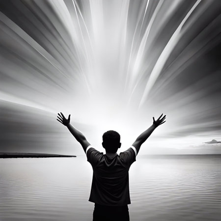 Man with arms outstretched in front of a stormy sky.. Ai generatedの素材