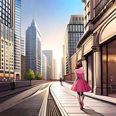 Young woman in pink dress walking on the street. 3D rendering. Ai generatedの素材