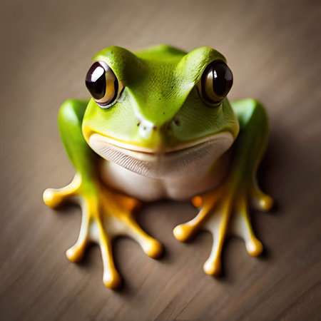 Frog on a wooden background, close-up, selective focus. Ai generatedの素材
