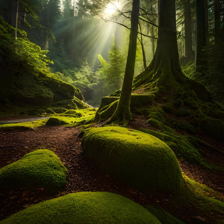 Beautiful green mossy forest with sunbeams in the morning. Ai generatedの素材
